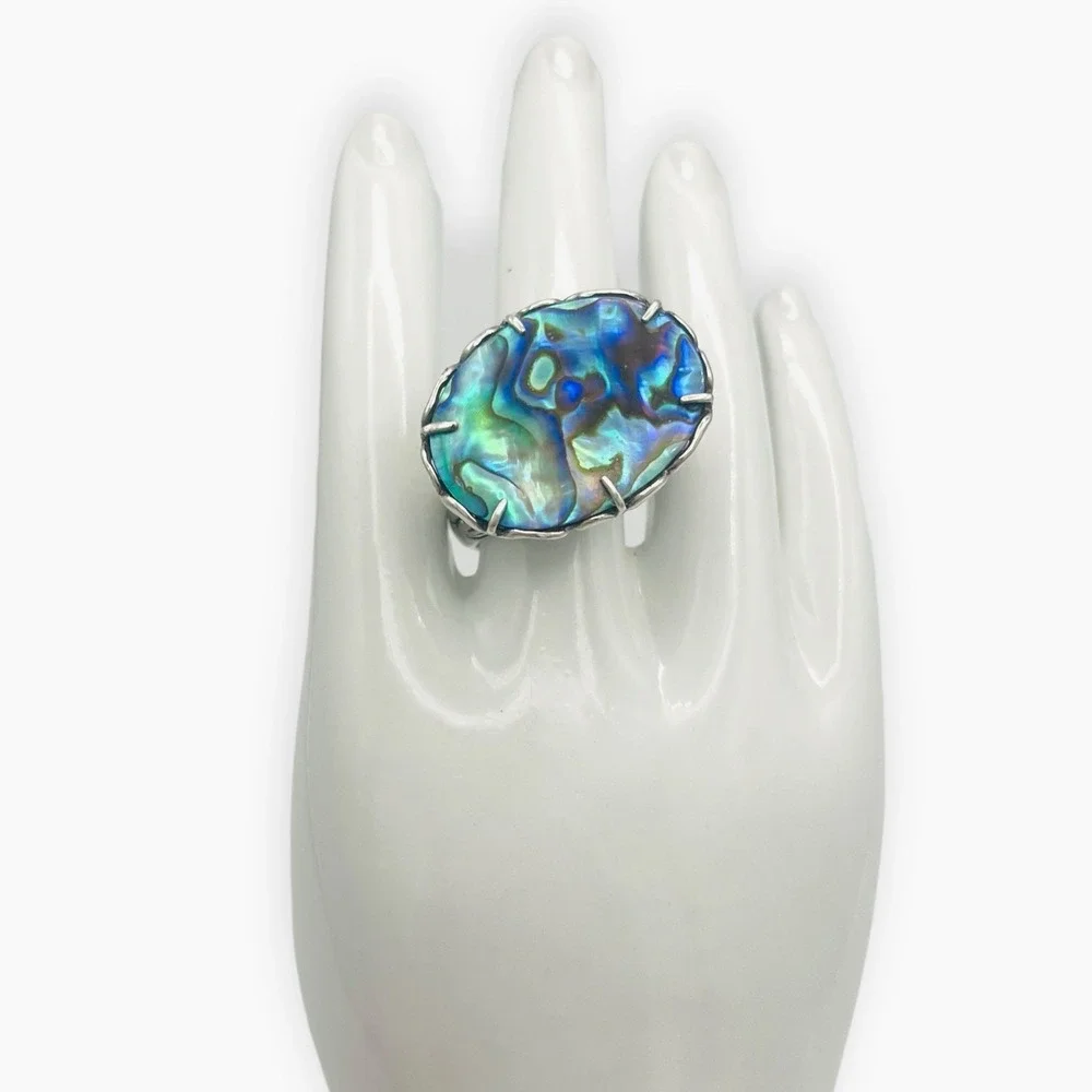 G 925 Sterling Silver Ring Large Abalone Paua Shell Scrollwork Raised Sz 7.75